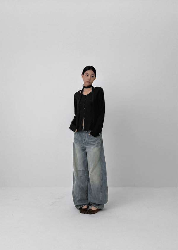 Remel Curved Washed Balloon Wide Denim Pants