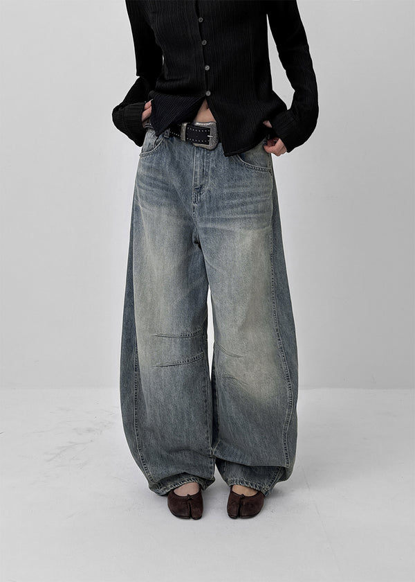 Remel Curved Washed Balloon Wide Denim Pants
