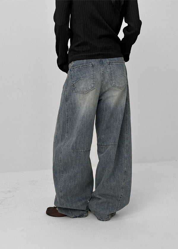 Remel Curved Washed Balloon Wide Denim Pants