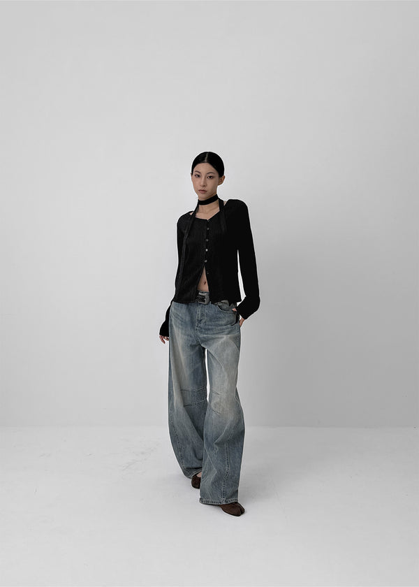 Remel Curved Washed Balloon Wide Denim Pants