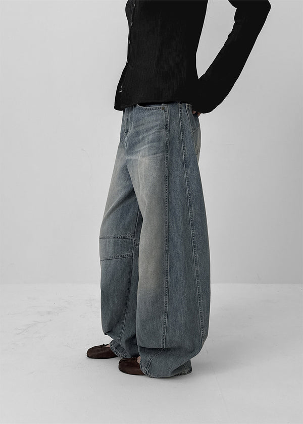 Remel Curved Washed Balloon Wide Denim Pants
