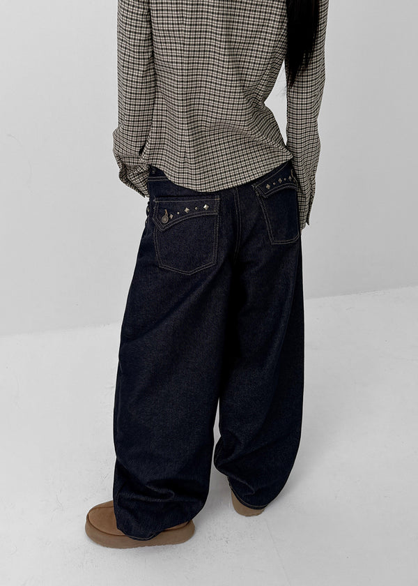 Beaver Two Studded Raw Balloon Denim Pants