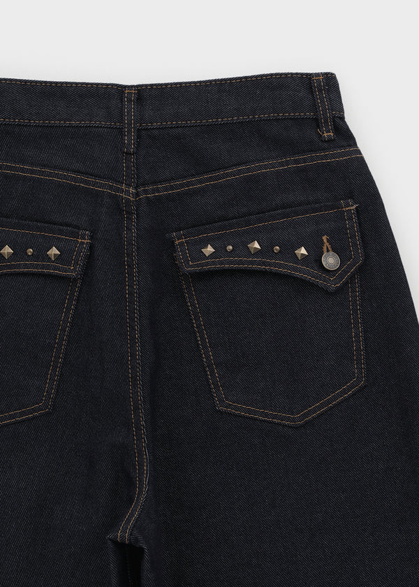 Beaver Two Studded Raw Balloon Denim Pants