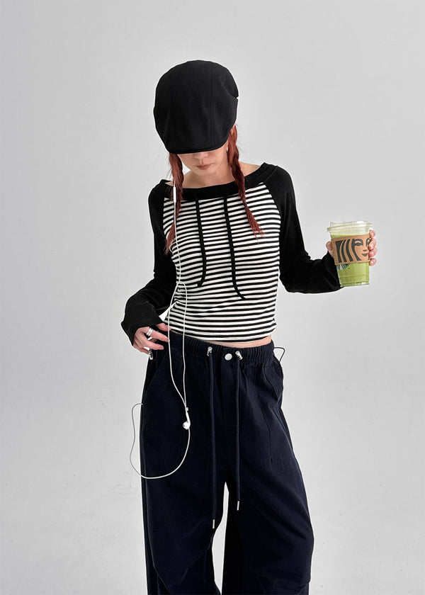 Banon Striped Off-shoulder Crop Long Sleeve T-shirt