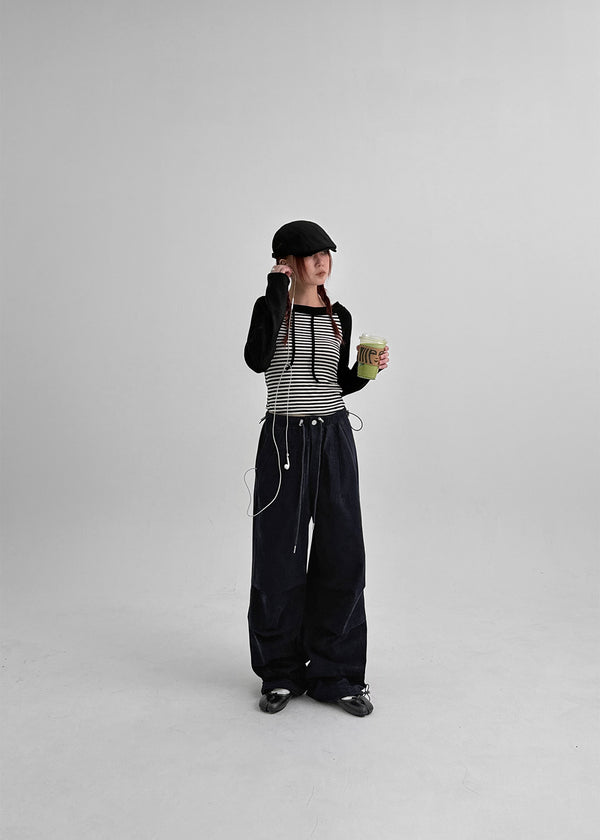 Banon Striped Off-shoulder Crop Long Sleeve T-shirt