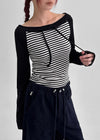 Banon Striped Off-shoulder Crop Long Sleeve T-shirt