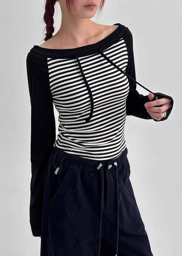 Banon Striped Off-shoulder Crop Long Sleeve T-shirt