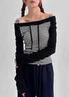Banon Striped Off-shoulder Crop Long Sleeve T-shirt