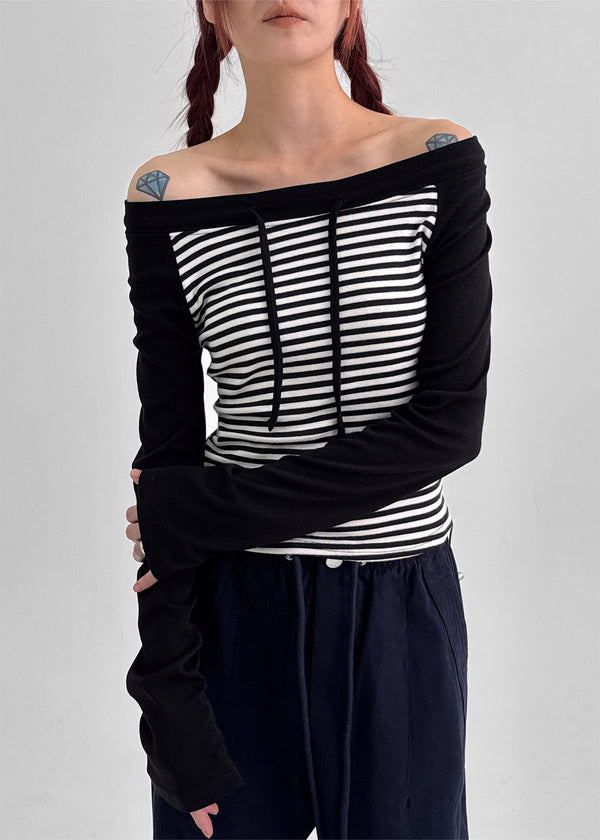 Banon Striped Off-shoulder Crop Long Sleeve T-shirt