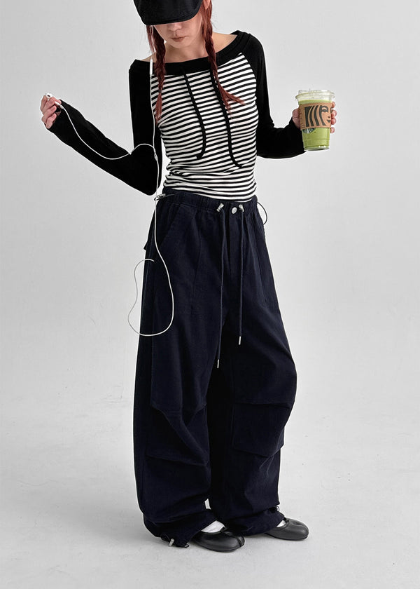 Banon Striped Off-shoulder Crop Long Sleeve T-shirt