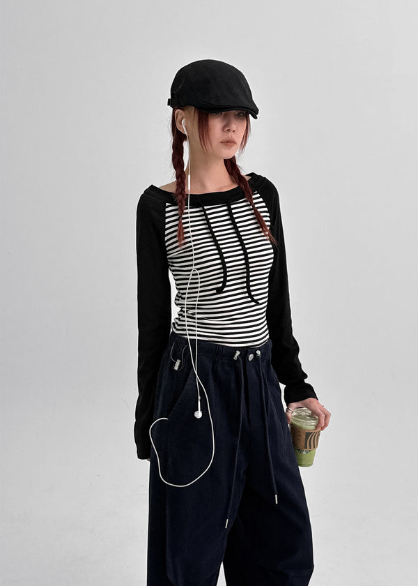 Banon Striped Off-shoulder Crop Long Sleeve T-shirt