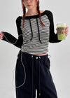 Banon Striped Off-shoulder Crop Long Sleeve T-shirt