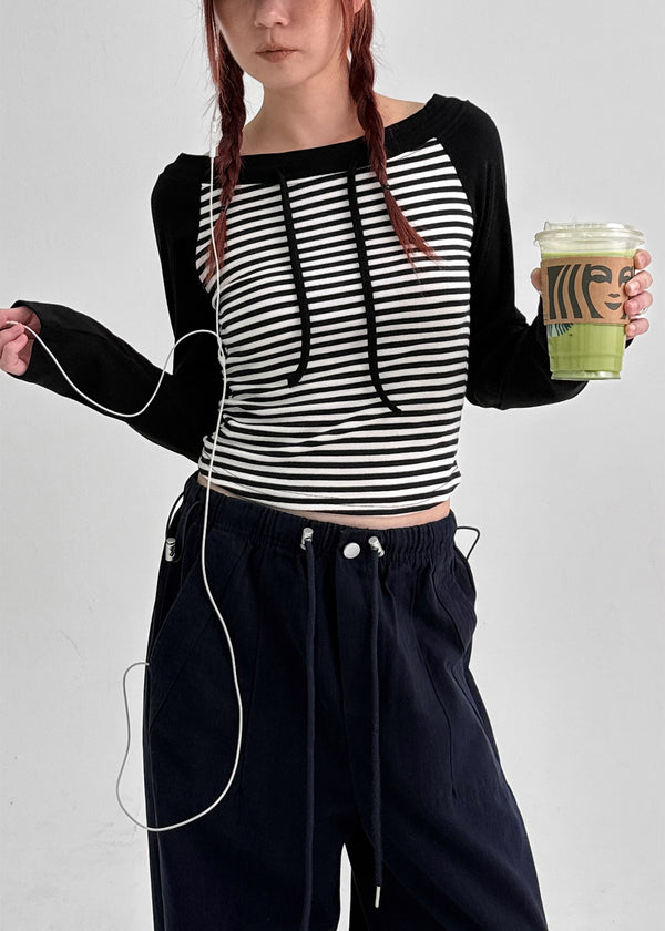 Banon Striped Off-shoulder Crop Long Sleeve T-shirt