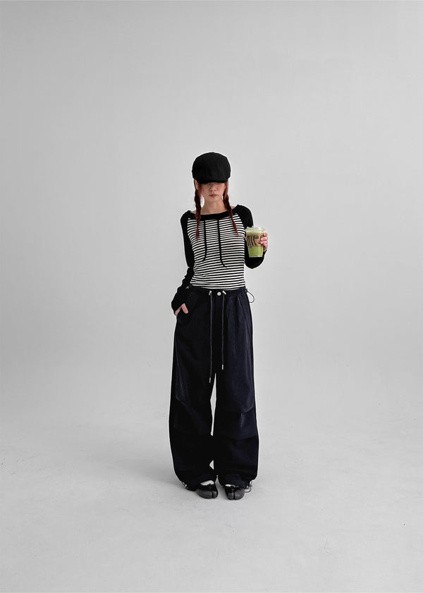 Banon Striped Off-shoulder Crop Long Sleeve T-shirt