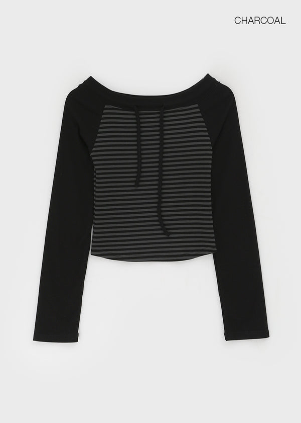 Banon Striped Off-shoulder Crop Long Sleeve T-shirt