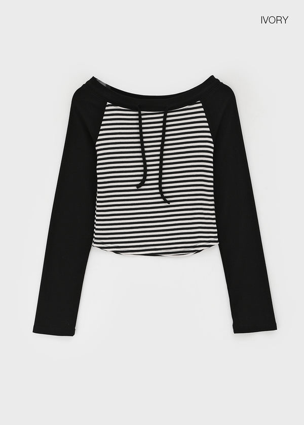 Banon Striped Off-shoulder Crop Long Sleeve T-shirt