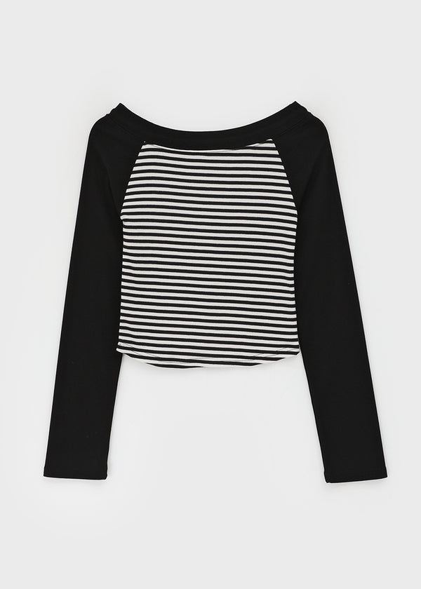 Banon Striped Off-shoulder Crop Long Sleeve T-shirt