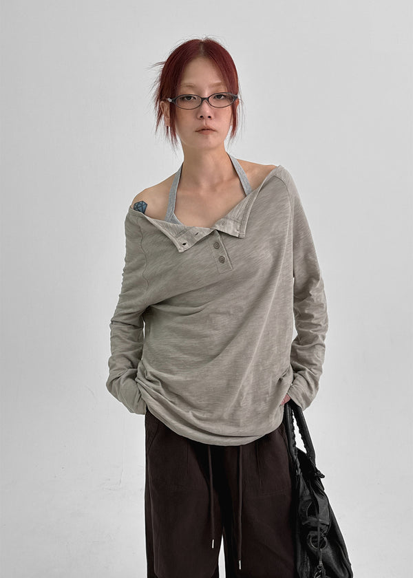 Chestnut Henley Neck Unbalanced Off-Shoulder Long Sleeve T-Shirt