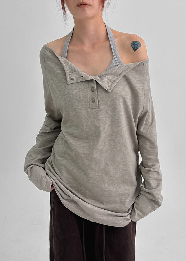 Chestnut Henley Neck Unbalanced Off-Shoulder Long Sleeve T-Shirt