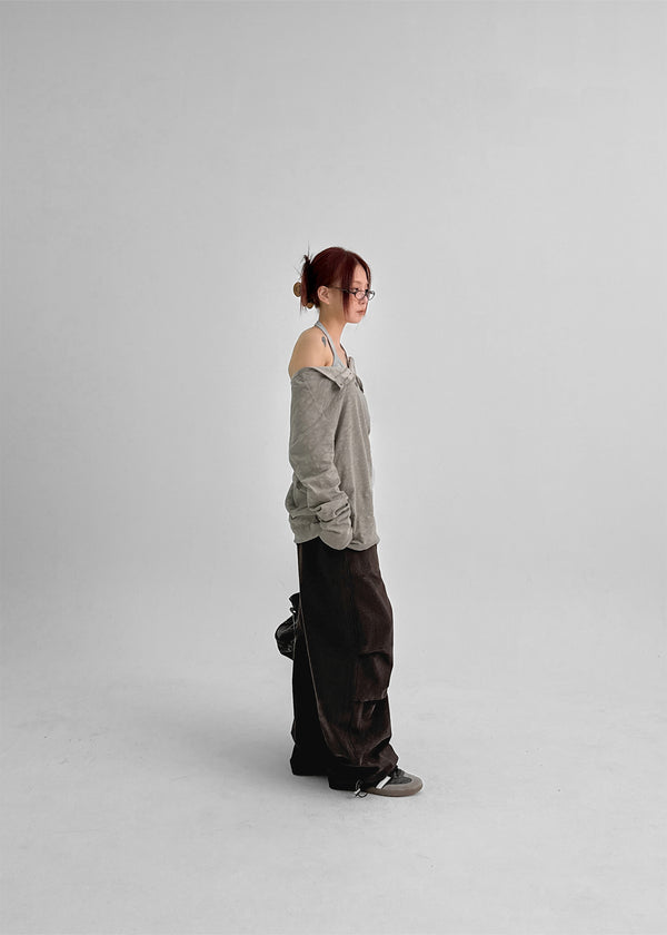 Chestnut Henley Neck Unbalanced Off-Shoulder Long Sleeve T-Shirt