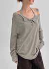 Chestnut Henley Neck Unbalanced Off-Shoulder Long Sleeve T-Shirt