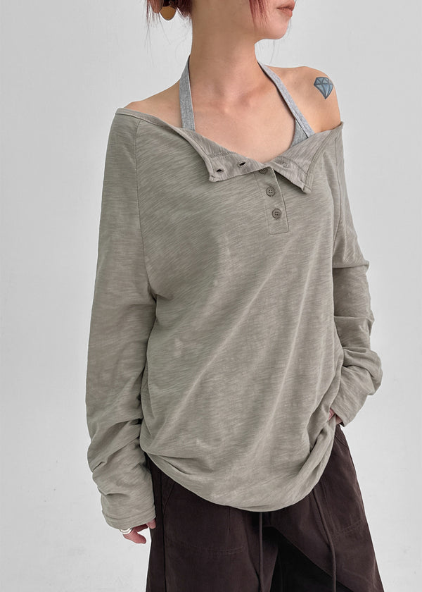 Chestnut Henley Neck Unbalanced Off-Shoulder Long Sleeve T-Shirt