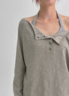Chestnut Henley Neck Unbalanced Off-Shoulder Long Sleeve T-Shirt