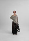 Chestnut Henley Neck Unbalanced Off-Shoulder Long Sleeve T-Shirt