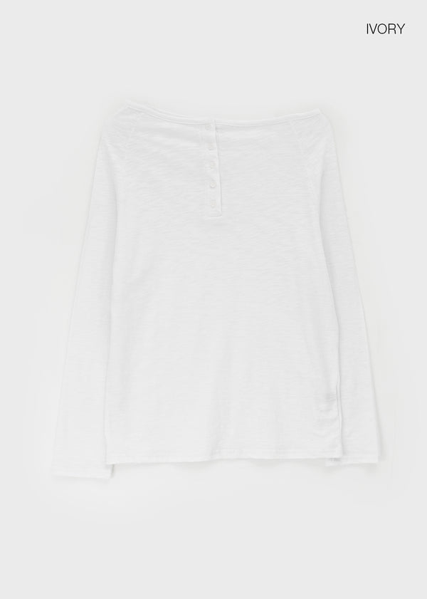 Chestnut Henley Neck Unbalanced Off-Shoulder Long Sleeve T-Shirt