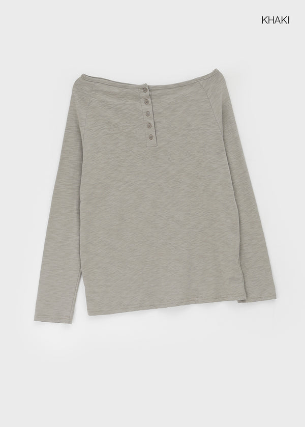 Chestnut Henley Neck Unbalanced Off-Shoulder Long Sleeve T-Shirt