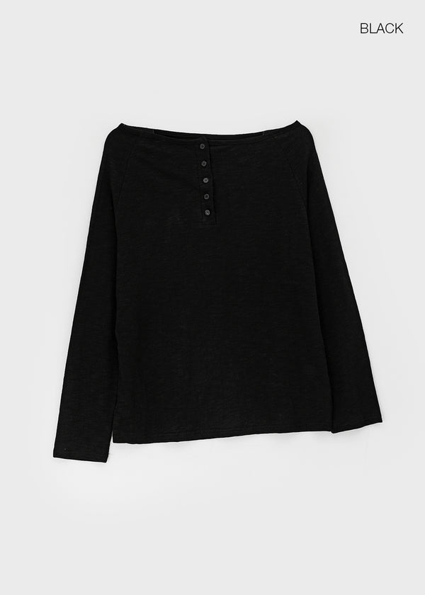 Chestnut Henley Neck Unbalanced Off-Shoulder Long Sleeve T-Shirt