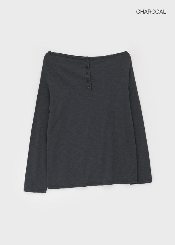 Chestnut Henley Neck Unbalanced Off-Shoulder Long Sleeve T-Shirt