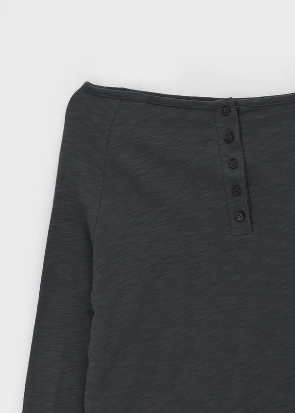 Chestnut Henley Neck Unbalanced Off-Shoulder Long Sleeve T-Shirt