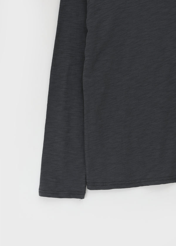 Chestnut Henley Neck Unbalanced Off-Shoulder Long Sleeve T-Shirt