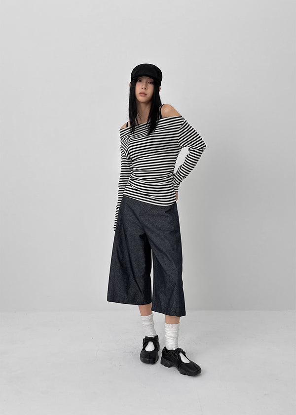 Robtot Stripe Shirring Boat Neck Long Sleeve T-shirt