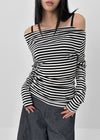 Robtot Stripe Shirring Boat Neck Long Sleeve T-shirt