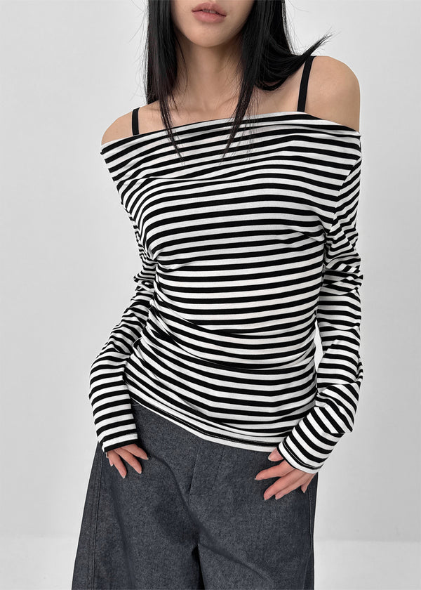 Robtot Stripe Shirring Boat Neck Long Sleeve T-shirt