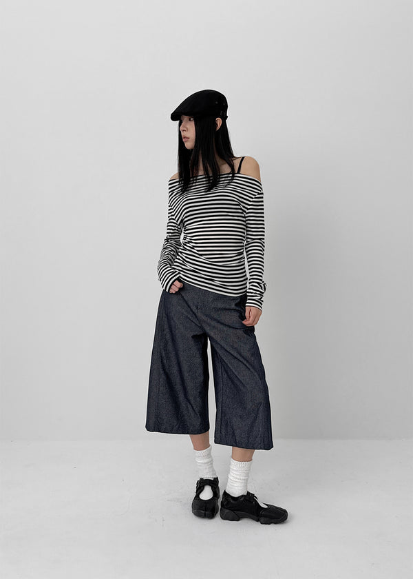 Robtot Stripe Shirring Boat Neck Long Sleeve T-shirt