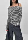 Robtot Stripe Shirring Boat Neck Long Sleeve T-shirt