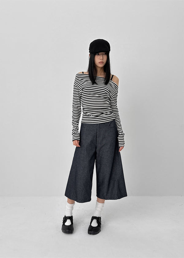 Robtot Stripe Shirring Boat Neck Long Sleeve T-shirt