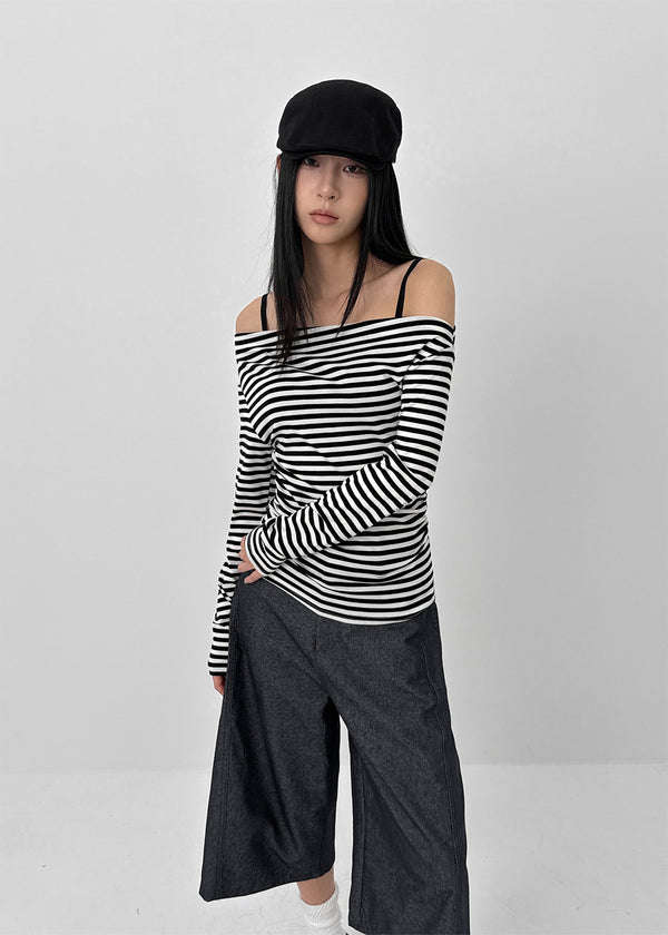 Robtot Stripe Shirring Boat Neck Long Sleeve T-shirt