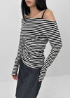 Robtot Stripe Shirring Boat Neck Long Sleeve T-shirt