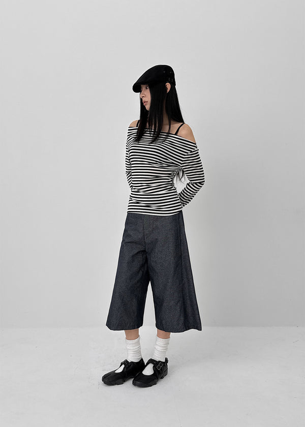 Robtot Stripe Shirring Boat Neck Long Sleeve T-shirt