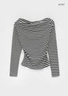 Robtot Stripe Shirring Boat Neck Long Sleeve T-shirt