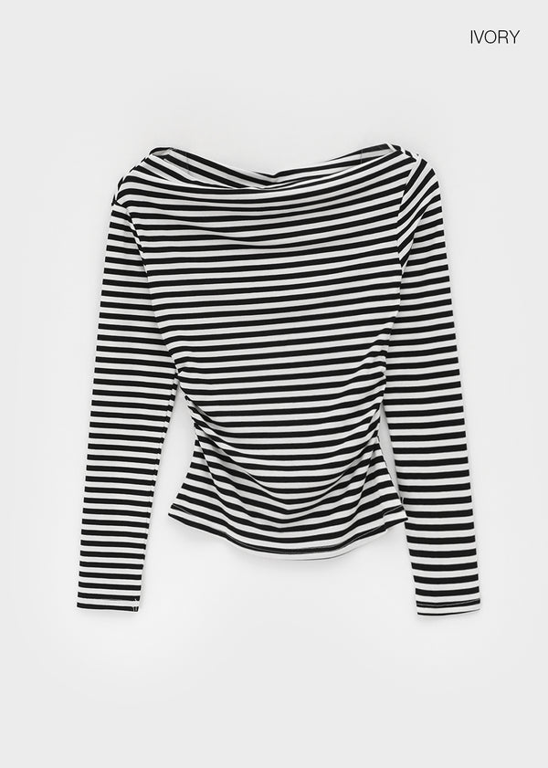 Robtot Stripe Shirring Boat Neck Long Sleeve T-shirt