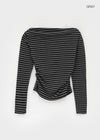 Robtot Stripe Shirring Boat Neck Long Sleeve T-shirt
