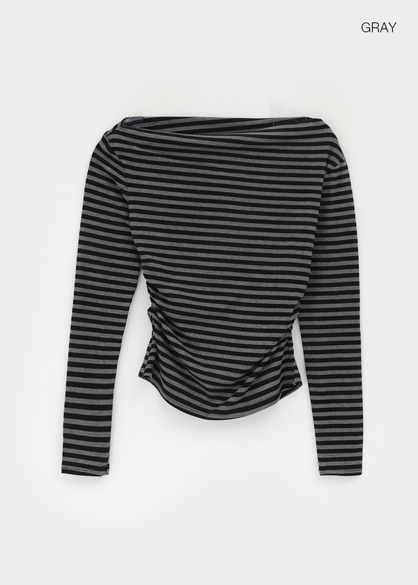 Robtot Stripe Shirring Boat Neck Long Sleeve T-shirt