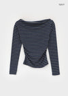 Robtot Stripe Shirring Boat Neck Long Sleeve T-shirt