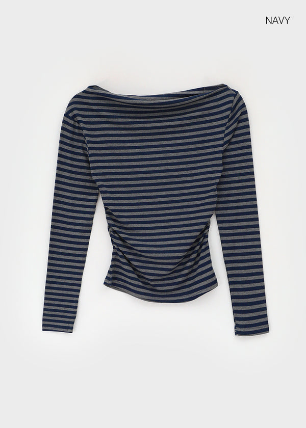 Robtot Stripe Shirring Boat Neck Long Sleeve T-shirt