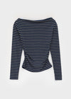 Robtot Stripe Shirring Boat Neck Long Sleeve T-shirt